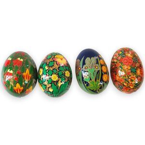 Set of 4 Vintage Kashmiri Papier-Mache Eggs Hand-Painted Floral Art India Decor